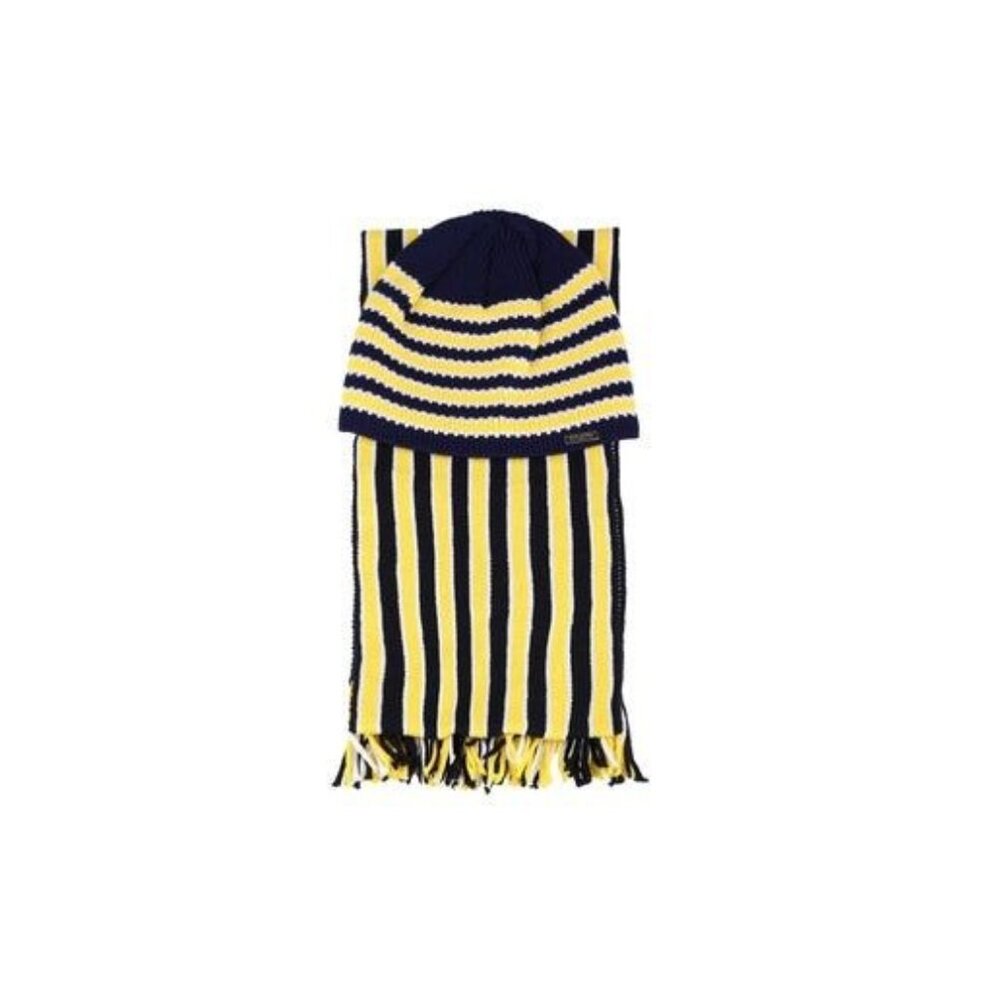 Striped Knit Beanie & Scarf Set - Navy & Yellow - Unisex - Soft & Warm